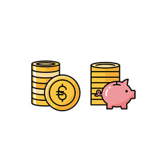 An illustrated depiction of financial concepts featuring stacks of gold coins, a single coin with a dollar sign, and a pink piggy bank, representing savings and wealth.