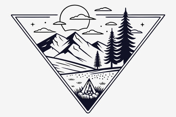 landscape, mountains, forest, campfire, sun, clouds, geometric, outdoors, nature, line art, silhouette, minimalist, retro, badge