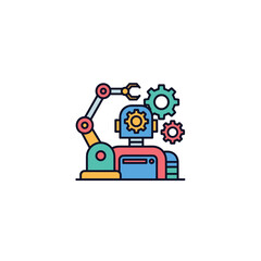 A colorful vector illustration depicts a robotic arm and a robot head with gears, symbolizing automation, technology, and industry in a clean, modern style.