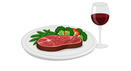 A steak on a plate with green beans broccoli peppers and a glass of red wine next to it