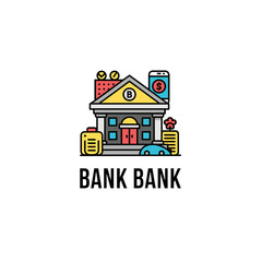 An illustrative bank building icon, featuring a colorful design with financial elements such as mobile banking, money, and documents, perfect for business and finance concepts.