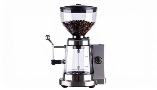 A realistic coffee grinder with transparent bean hopper and stainless steel base isolated on white background
