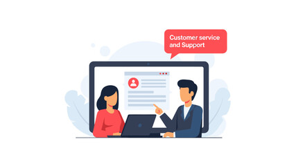 A flat illustration depicts a customer service representative assisting a client on a laptop, emphasizing support and assistance within a digital environment.