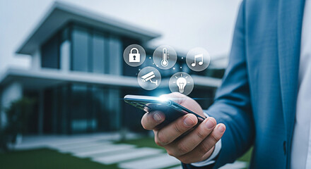 Man controls smart home automation system with smartphone app near modern house