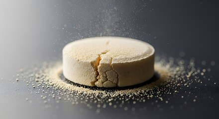Cracked tablet with powder on dark background showcasing pharmaceutical fragility