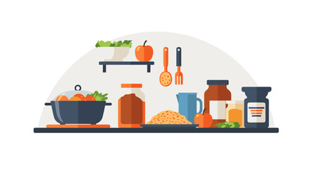 A flat illustration depicts a kitchen shelf filled with various cooking essentials, including pots, jars of food, utensils, and fresh ingredients, creating a visually appealing design.