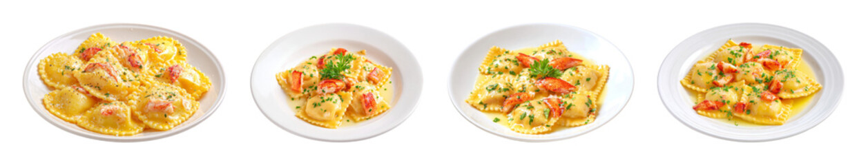 Gourmet lobster ravioli in creamy sauce, a luxurious pasta dish perfect for culinary advertising, food blogs, and restaurant menus PNG set with transparent background