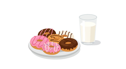 Donut assortment on plate beside glass of milk against white background