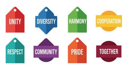 A vibrant illustration showcasing various labels with words like unity, diversity, and harmony, representing core values of community and cooperation in a colorful, flat design.