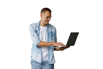 Man standing, working on laptop, smiling, using computer technology for remote online connection with transparent background
