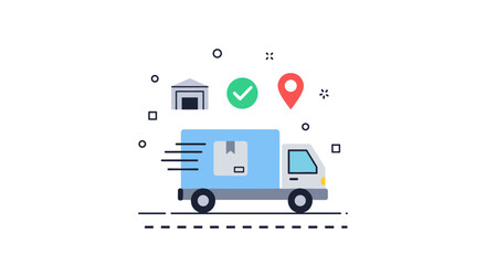 An animated delivery truck illustration depicts fast shipping and logistics, featuring icons for warehouse, checkmark, location, and package delivery against a clean white backdrop.