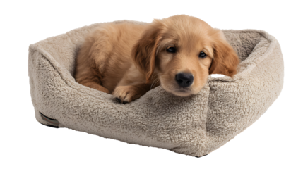 Adorable golden retriever puppy resting comfortably in a beige pet bed on a white background