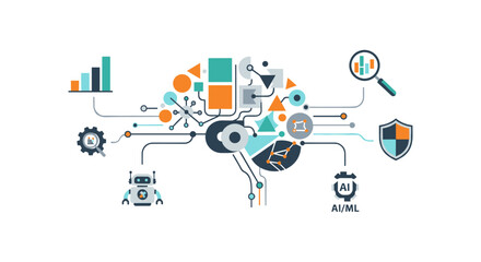 A vibrant illustration depicts a conceptual representation of artificial intelligence, data analysis, and technological advancements, showcasing interconnected elements and futuristic concepts.