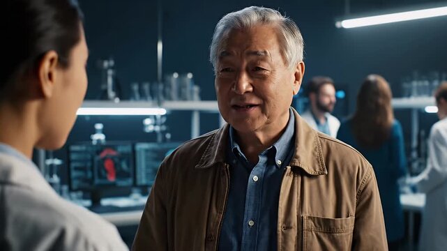 Senior man in lab coat talks with colleague in professional setting