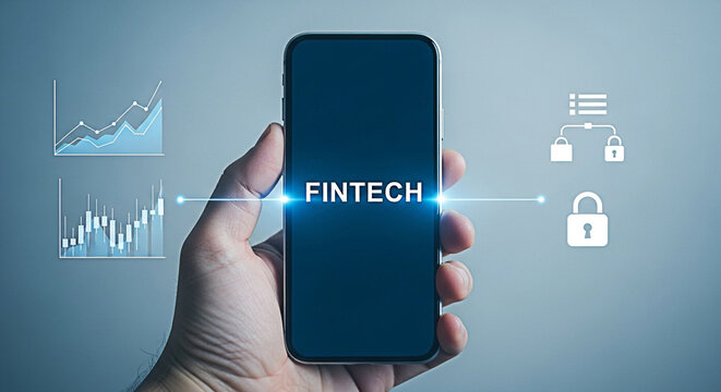 Hand holding smartphone displaying fintech with data charts and security icons for financial technology solutions and digital banking services