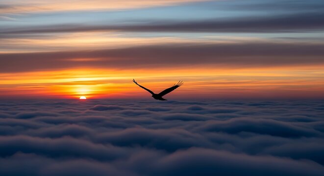 Eagle soaring over a sea of clouds at colorful sunrise horizon - Powered by Adobe