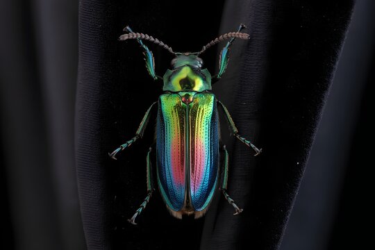 Stunning iridescent jewel beetle close-up with rainbow sheen macro photography