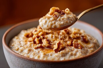 Close up of spoonful of pumpkin oat porridge with walnuts in warm fall light and cozy glow