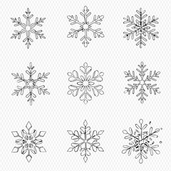 Collection of nine unique snowflake designs in a grid pattern on a transparent background.