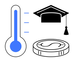 Thermometer indicating progress, graduation cap symbolizing education, and coin representing donations. Ideal for fundraising, education investment, financial goals, charity, support, achievement