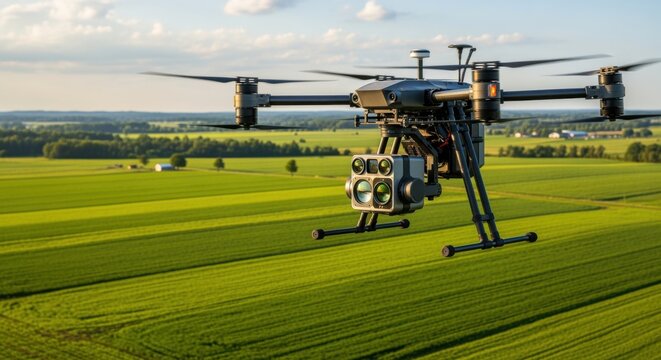 Medium shot of a drone equipped with multispectral cameras flying over lush farmland to capture crop health data for precision agriculture