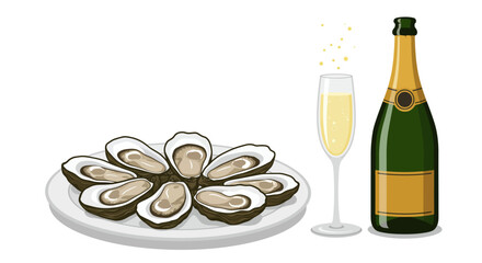 Illustration shows a plate of oysters champagne glass and bottle on a white background © firman