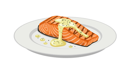 Grilled salmon fillet on a plate topped with creamy sauce and black pepper