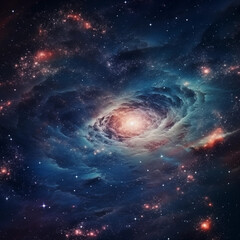 Obraz premium A vibrant blue and red nebula in outer space with numerous shining stars and dust clouds