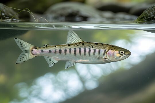 Juvenile salmon smolt swimming gracefully in clear freshwater ecosystem wildlife photography