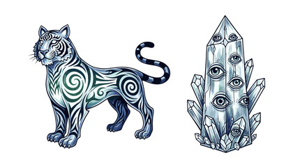 Mystical Tiger and Eye Crystal Conjure a Whimsical and Spiritual Scene
