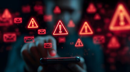 Hands operating smartphone with multiple glowing red email and critical data security risk warnings