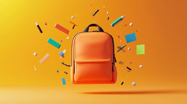 Floating against a vibrant orange backdrop, an orange backpack is surrounded by colorful school supplies like pencils, erasers, and sticky notes, creating a lively back to school scene