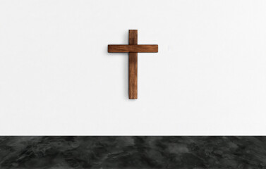 A simple wooden cross is mounted on a plain white wall. The floor beneath features a dark, marbled texture, creating a contrast between the elements.AI generated.
