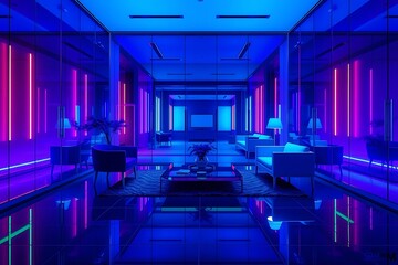 Generative AI futuristic lounge with neon lights.