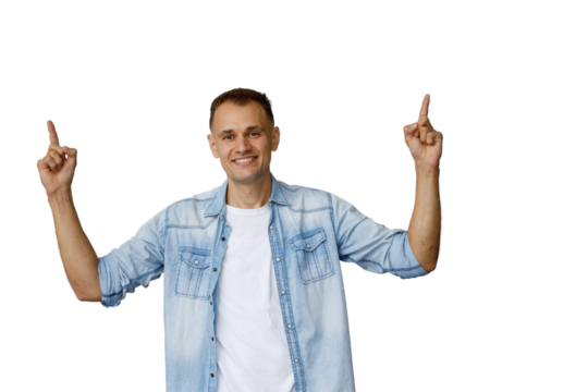 Happy man smiling and pointing up with both hands, showing or advertising something, transparent background