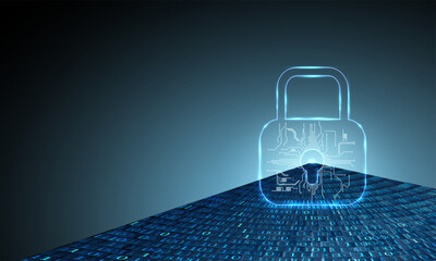 Shining Lock on the blue background with binary code.