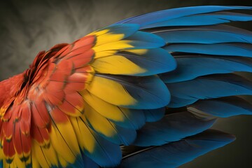 Fototapeta premium Close-up of vibrant macaw wing feathers scarlet yellow and blue tropical bird detail