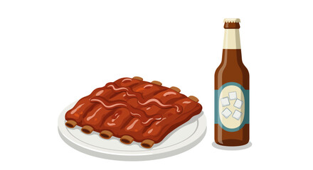 Ribs with BBQ sauce on a plate and a cold bottle of beer on a white background