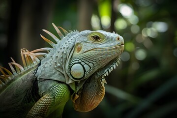Obraz premium Close-up of a green iguana showing its distinctive dewlap and scales in lush foliage