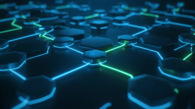 Futuristic network technology showcases glowing hexagonal designs interconnected by bright lines, creating abstract digital landscape with vibrant illumination in blue and green hues