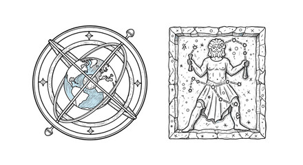 Astrological Illustrations featuring Armillary Sphere and Orion Constellation Stone Carving