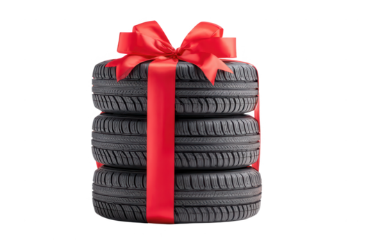 High quality photo of stack of tires tied with a red ribbon and bow isolated on transparent background