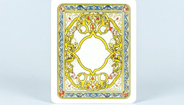 A decorated card back design, ornate with gold, blue, and red details against a white background. Central void for personalization