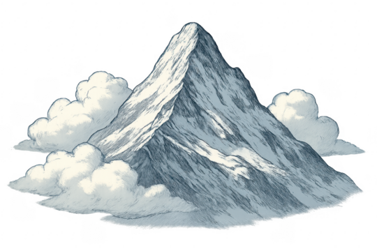 Matterhorn mountain peak engraving with clouds and transparent background
