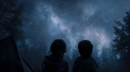 Two children gaze in awe at the star filled night sky over a dark forest during a camping trip