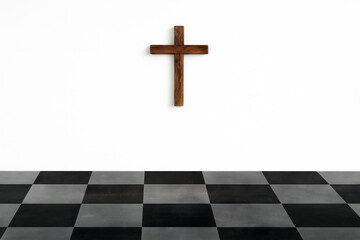 A wooden cross is mounted on a stark white wall that contrasts with the black and white checkered floor. The simplicity of the scene evokes a sense of calm and serenity.AI generated.