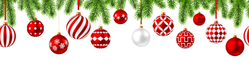 Christmas ball border, hanging red bauble background, branch