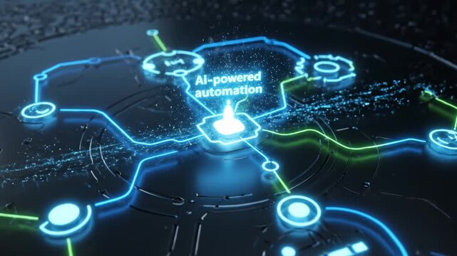 Glowing circuits and water droplets create vibrant digital network, showcasing AI driven automation technology with dynamic connectivity and innovation in futuristic design