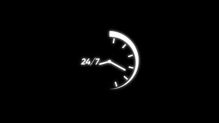White 24/7 clock icon glowing on black background representing continuous service and round the