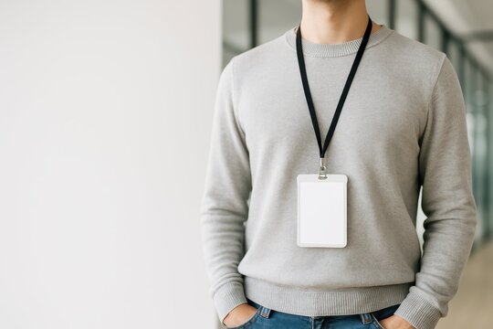  A man in a casual sweater wears a blank ID badge on a lanyard. Perfect mockup for modern corporate, event, or employee identification concepts.